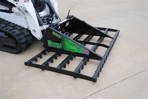 mulch bucket rake for skid steer loader|b built landscape rake.